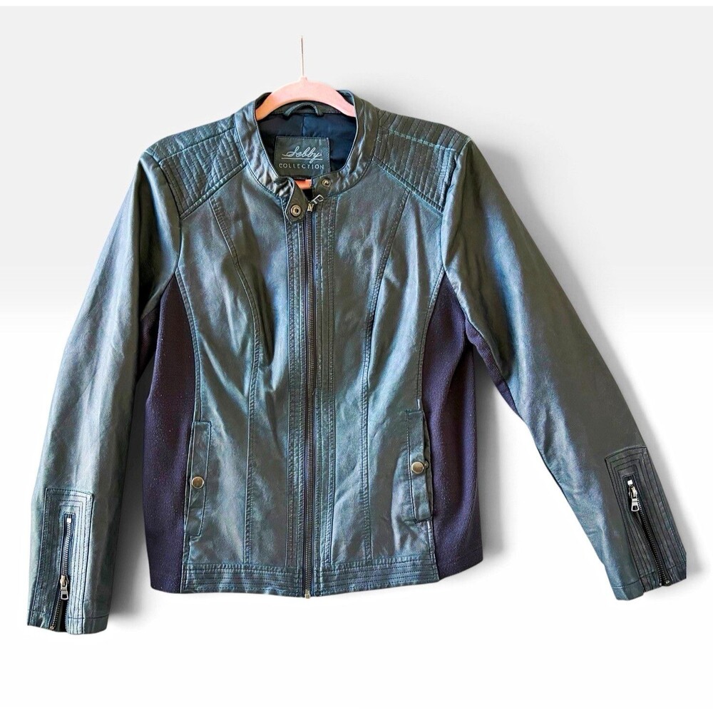 Lebby Collection Womens L Faux Leather Moto Jacket Blue Gray Biker Stretch
